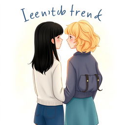 A charming book cover illustration featuring two friends, one with straight black hair and the other with semi-curly blonde hair, standing close together, facing each other from behind