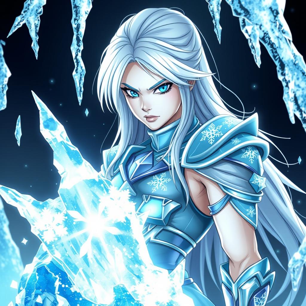 A slender woman with pale skin and flowing silver hair, wearing light blue armor adorned with sparkling ice crystals