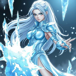 A slender woman with pale skin and flowing silver hair, wearing light blue armor adorned with sparkling ice crystals