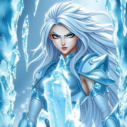 A slender woman with pale skin and flowing silver hair, wearing light blue armor adorned with sparkling ice crystals