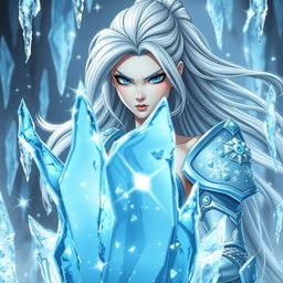 A slender woman with pale skin and flowing silver hair, wearing light blue armor adorned with sparkling ice crystals