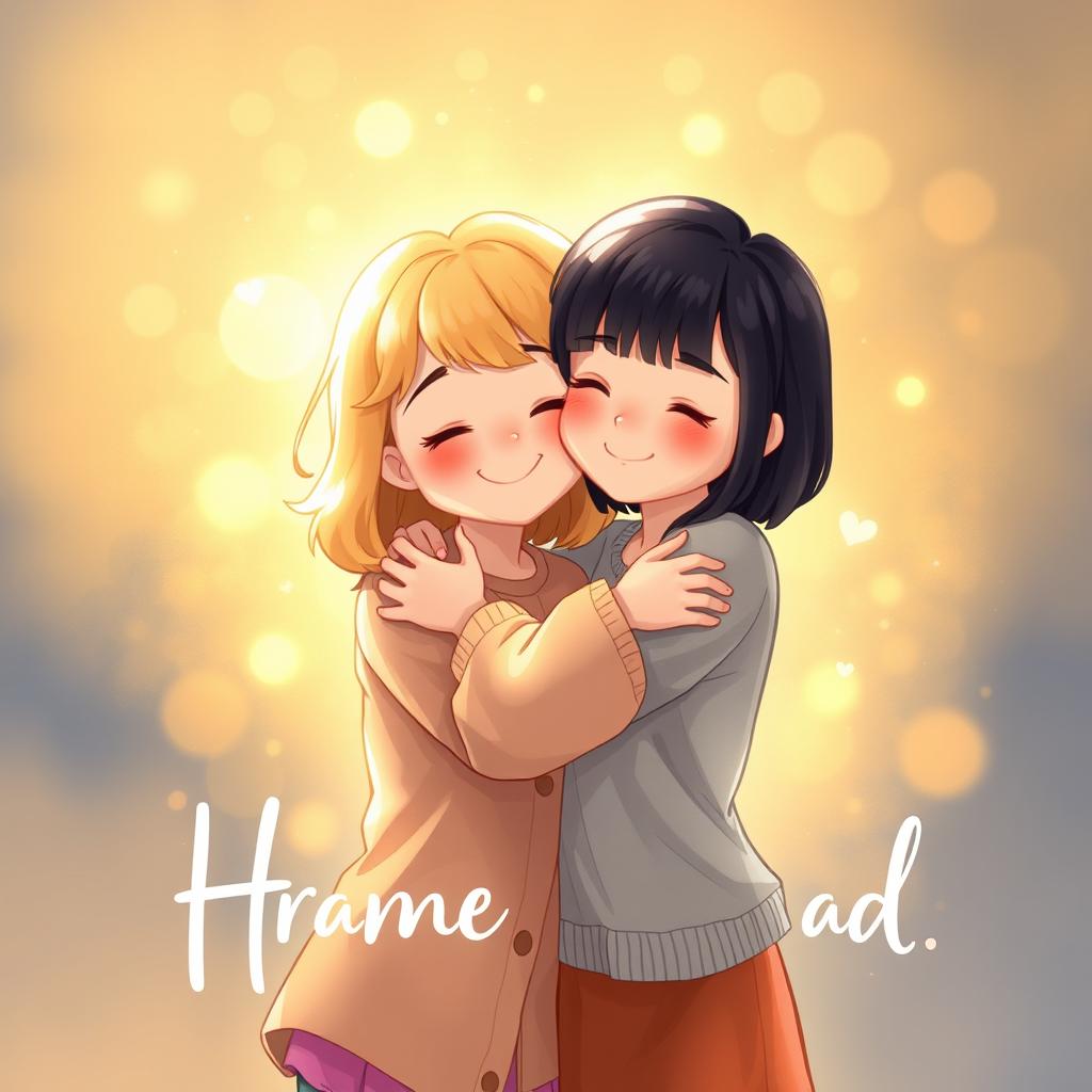 A heartwarming book cover illustration depicting two friends embracing each other with affection