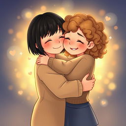 A heartwarming book cover illustration depicting two friends embracing each other with affection