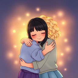 A heartwarming book cover illustration depicting two friends embracing each other with affection