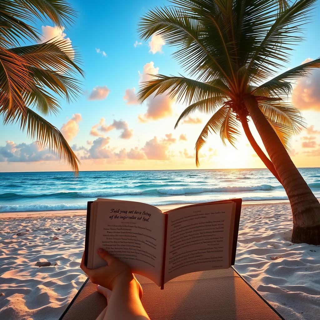 A serene tropical beach setting with a person relaxing on a lounger under swaying palm trees, reading an inspirational devotional book