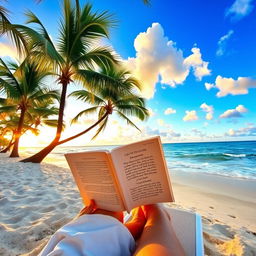 A serene tropical beach setting with a person relaxing on a lounger under swaying palm trees, reading an inspirational devotional book