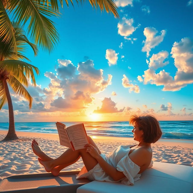 A serene tropical beach setting with a person relaxing on a lounger under swaying palm trees, reading an inspirational devotional book