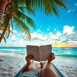 A serene tropical beach setting with a person relaxing on a lounger under swaying palm trees, reading an inspirational devotional book