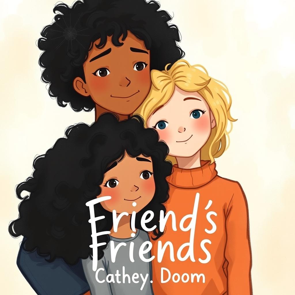 book cover featuring two friends with black and blonde curly hair, standing in a softly lit background, semi-realistic drawing style, emphasizing their friendship and connection