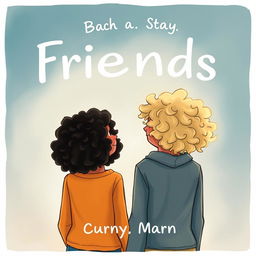 book cover featuring two friends with black and blonde curly hair, standing in a softly lit background, semi-realistic drawing style, emphasizing their friendship and connection
