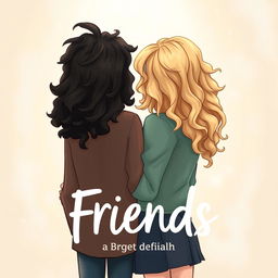 book cover featuring two friends with black and blonde curly hair, standing in a softly lit background, semi-realistic drawing style, emphasizing their friendship and connection