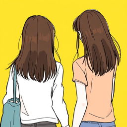 Two girls with straight dark brown hair walking away, captured from the back, set against a bright yellow background, in an illustrative drawing style