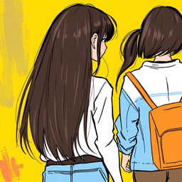 Two girls with straight dark brown hair walking away, captured from the back, set against a bright yellow background, in an illustrative drawing style