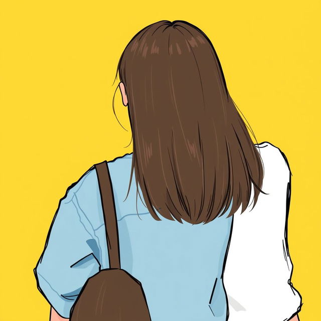 Two girls with straight dark brown hair walking away, captured from the back, set against a bright yellow background, in an illustrative drawing style