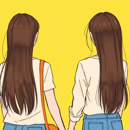 Two girls with straight dark brown hair walking away, captured from the back, set against a bright yellow background, in an illustrative drawing style