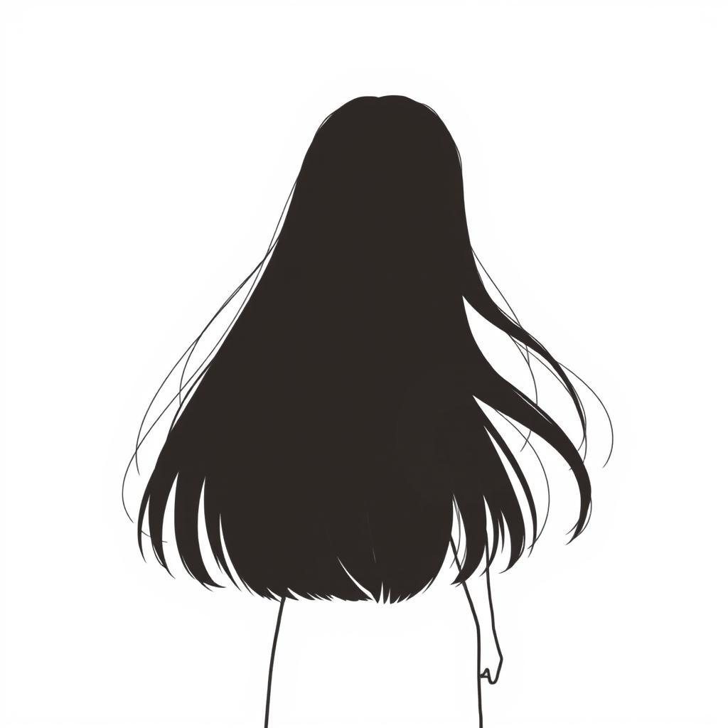 A silhouette of a girl with straight dark brown hair walking away, captured from the back, in a drawing style