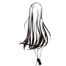 A silhouette of a girl with straight dark brown hair walking away, captured from the back, in a drawing style