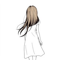 A silhouette of a girl with straight dark brown hair walking away, captured from the back, in a drawing style