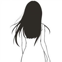 A silhouette of a girl with straight dark brown hair walking away, captured from the back, in a drawing style