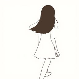 A silhouette of a girl with straight dark brown hair walking away, captured from the back, in a drawing style