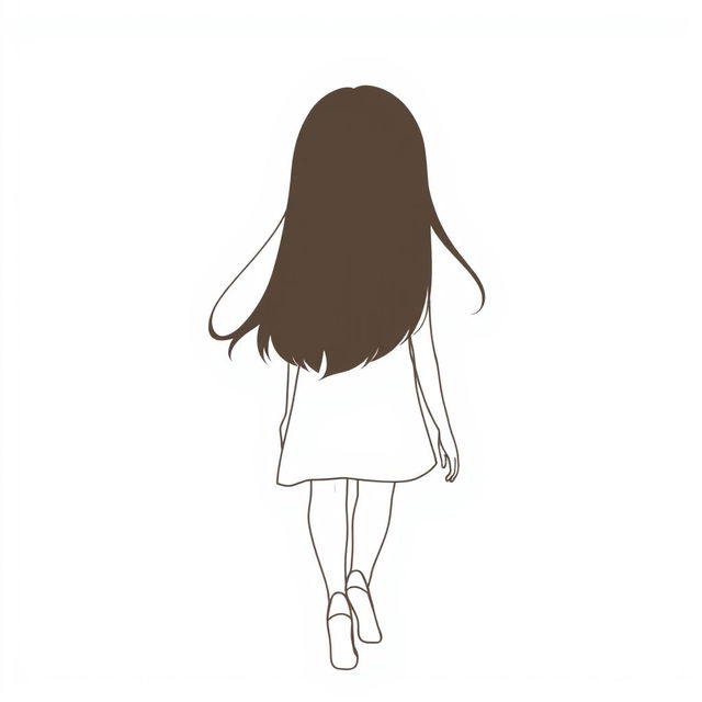 A silhouette of a girl with straight dark brown hair walking away, captured from the back, in a drawing style