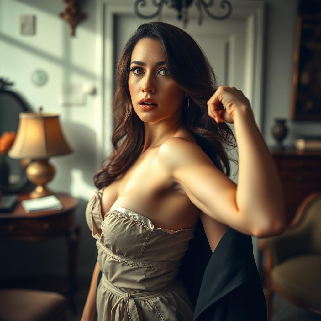 a confident, alluring woman in an artistic setting, capturing elegance and mystery, with a focus on fashion and style, conveying a sense of empowerment and freedom, featuring a tasteful arrangement of clothing that suggests movement, in a softly lit room with vintage decor