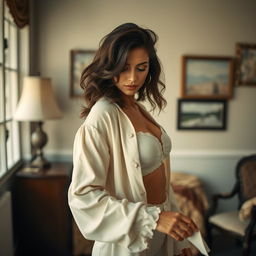 a confident, alluring woman in an artistic setting, capturing elegance and mystery, with a focus on fashion and style, conveying a sense of empowerment and freedom, featuring a tasteful arrangement of clothing that suggests movement, in a softly lit room with vintage decor