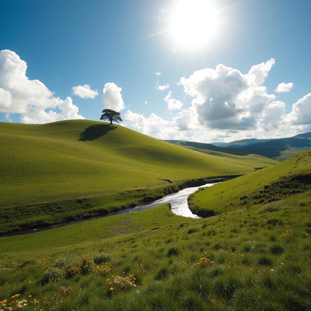 A picturesque landscape of rolling green hills under a bright blue sky with fluffy white clouds