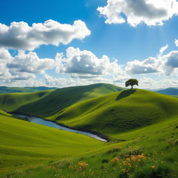 A picturesque landscape of rolling green hills under a bright blue sky with fluffy white clouds