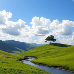 A picturesque landscape of rolling green hills under a bright blue sky with fluffy white clouds