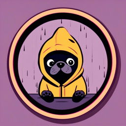 Retro cartoon-style profile picture of a black pug in a Supreme yellow rain jacket with hood, framed by a funky circle border against a lo-fi background.