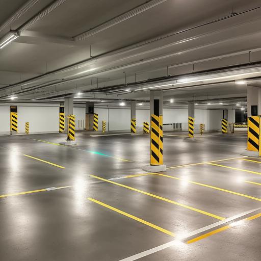A large 1800 square feet ground floor parking area, with clear parking lines, illuminated by overhead lights.