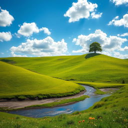 A picturesque landscape of rolling green hills under a bright blue sky with fluffy white clouds