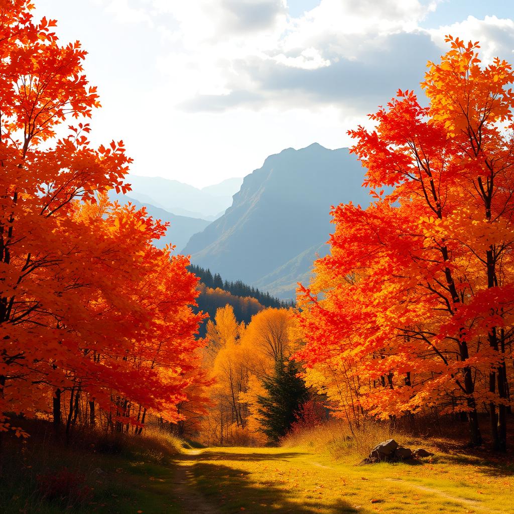 A beautiful autumn landscape with vibrant fall foliage in orange, red, and yellow hues, set against majestic mountains in the background