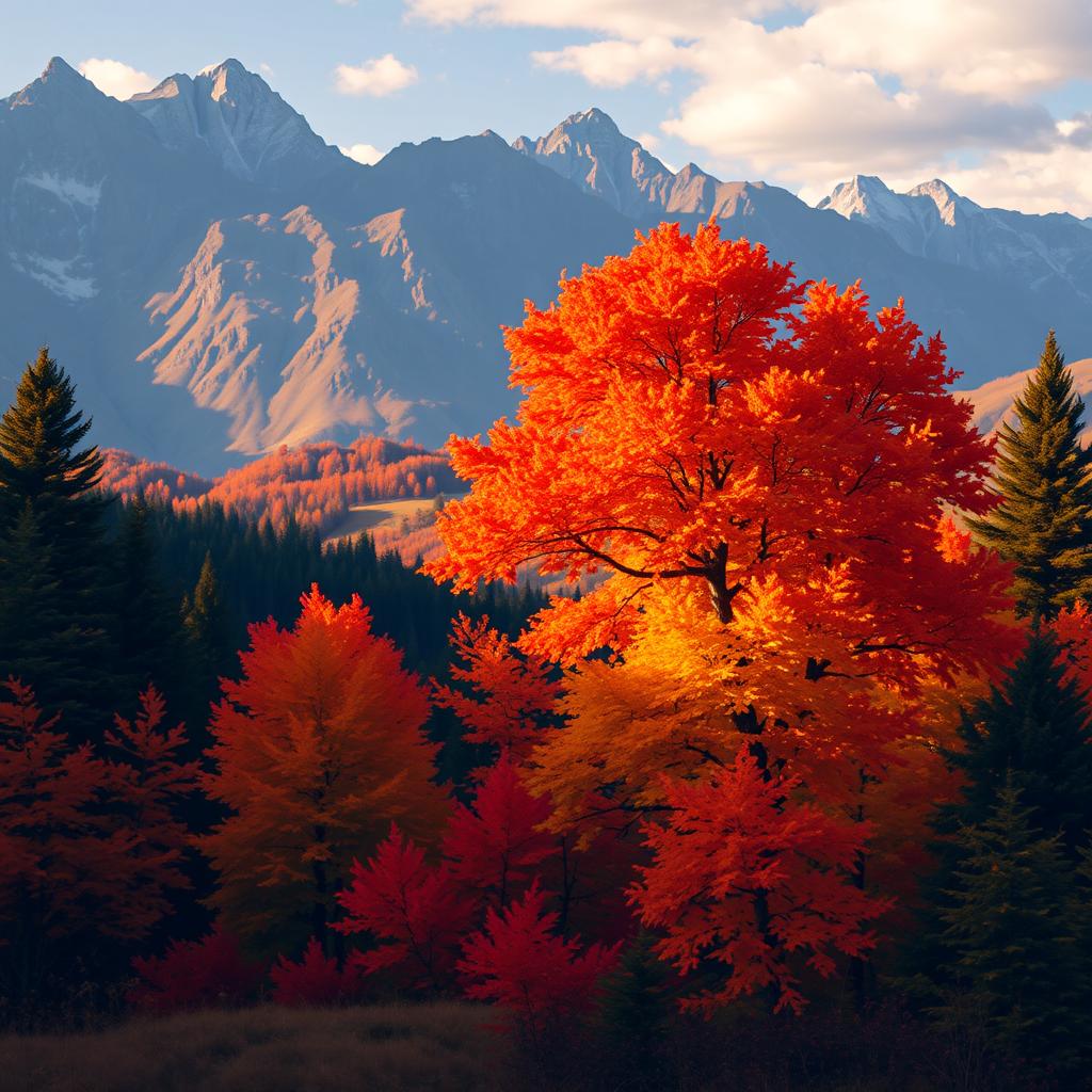 A beautiful autumn landscape with vibrant fall foliage in orange, red, and yellow hues, set against majestic mountains in the background