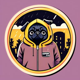 Retro cartoon-style profile picture of a black pug in a Supreme yellow rain jacket with hood, framed by a funky circle border against a lo-fi background.