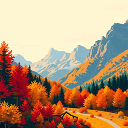 A beautiful autumn landscape with vibrant fall foliage in orange, red, and yellow hues, set against majestic mountains in the background