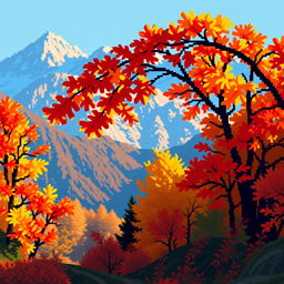 A beautiful autumn landscape with vibrant fall foliage in orange, red, and yellow hues, set against majestic mountains in the background