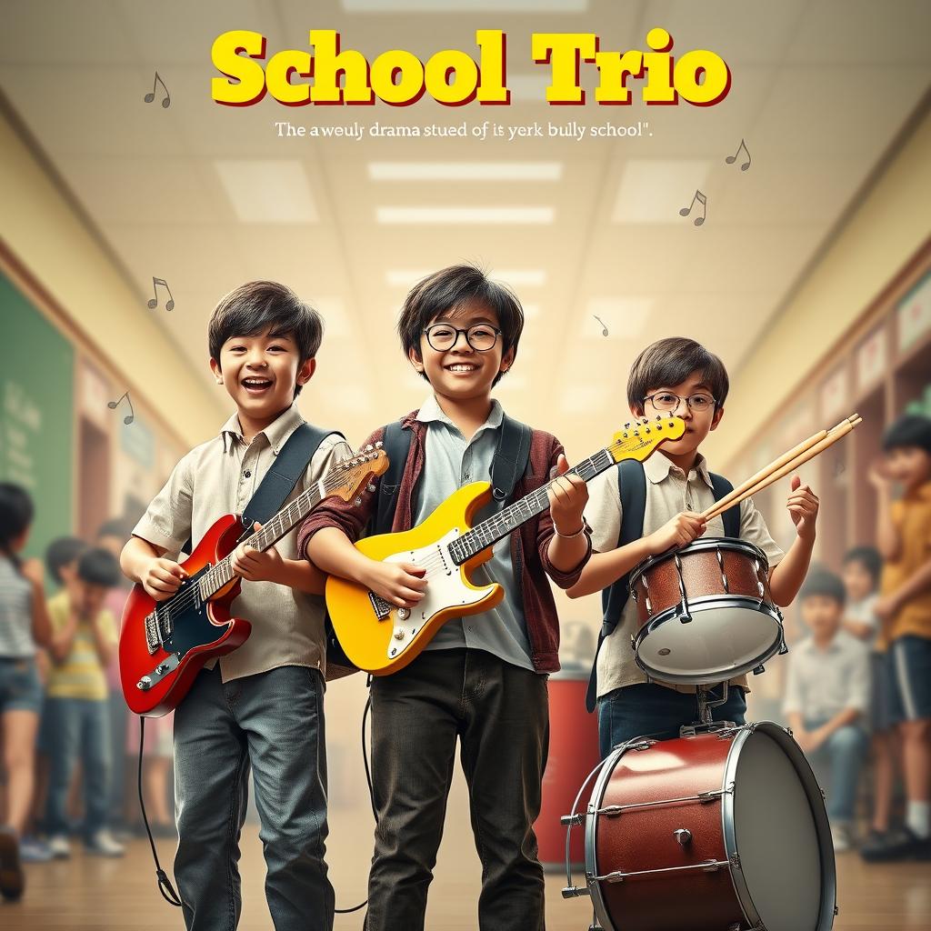 A movie poster for a comedy-drama film titled "School Trio" featuring three 13-year-old boys, each uniquely styled to reflect their personalities as school students and budding musicians