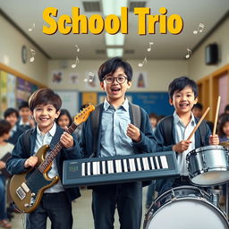 A movie poster for a comedy-drama film titled "School Trio" featuring three 13-year-old boys, each uniquely styled to reflect their personalities as school students and budding musicians