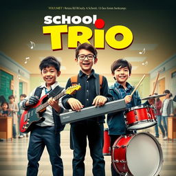 A movie poster for a comedy-drama film titled "School Trio" featuring three 13-year-old boys, each uniquely styled to reflect their personalities as school students and budding musicians