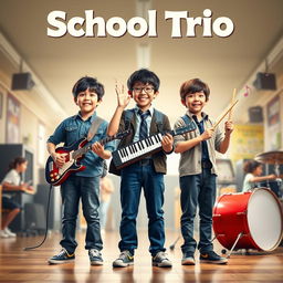 A movie poster for a comedy-drama film titled "School Trio" featuring three 13-year-old boys, each uniquely styled to reflect their personalities as school students and budding musicians