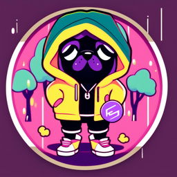 Retro cartoon-style profile picture of a black pug in a Supreme yellow rain jacket with hood, framed by a funky circle border against a lo-fi background.