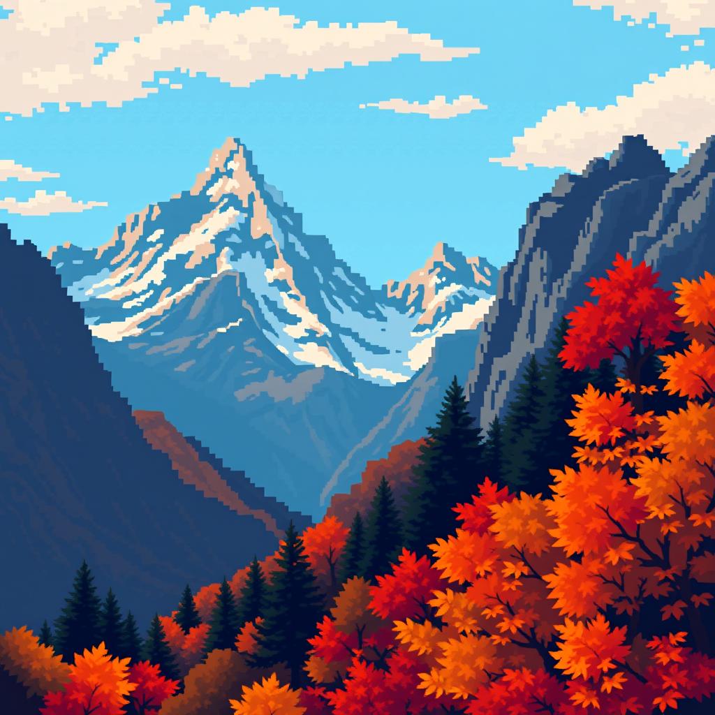 A detailed and vibrant autumn landscape captured in a compact 32x32 pixel format