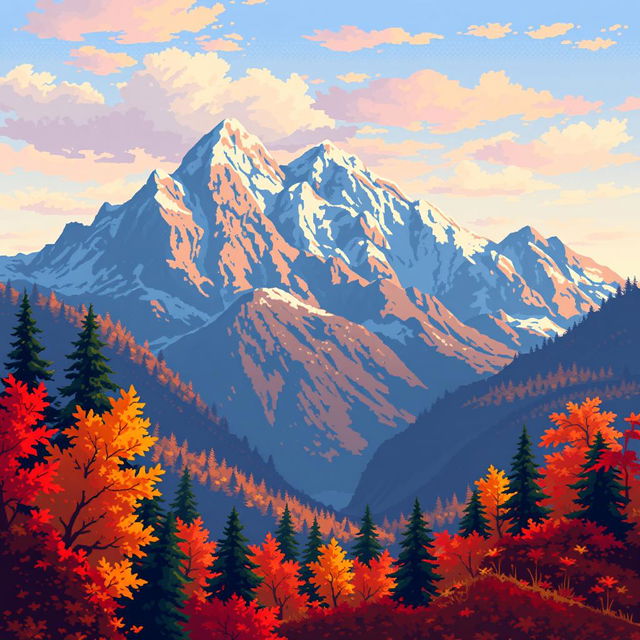 A detailed and vibrant autumn landscape captured in a compact 32x32 pixel format