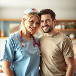 A beautiful blonde nurse and a charming man, creating a cute and loving couple