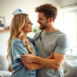 A beautiful blonde nurse and a charming man, creating a cute and loving couple