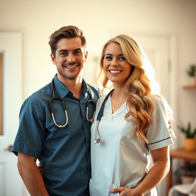 A beautiful blonde nurse and a charming man, creating a cute and loving couple