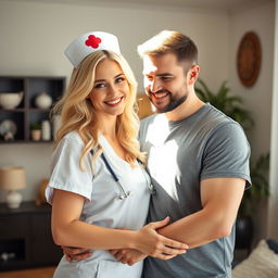 A beautiful blonde nurse and a charming man, creating a cute and loving couple