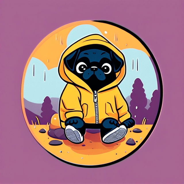 Retro cartoon-style profile picture of a black pug in a Supreme yellow rain jacket with hood, framed by a funky circle border against a lo-fi background.